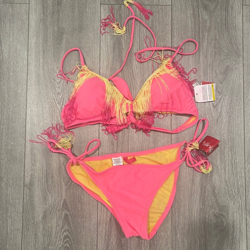 🎉 Pink And Yellow Bikini Lab Tassel Fringe Bikini